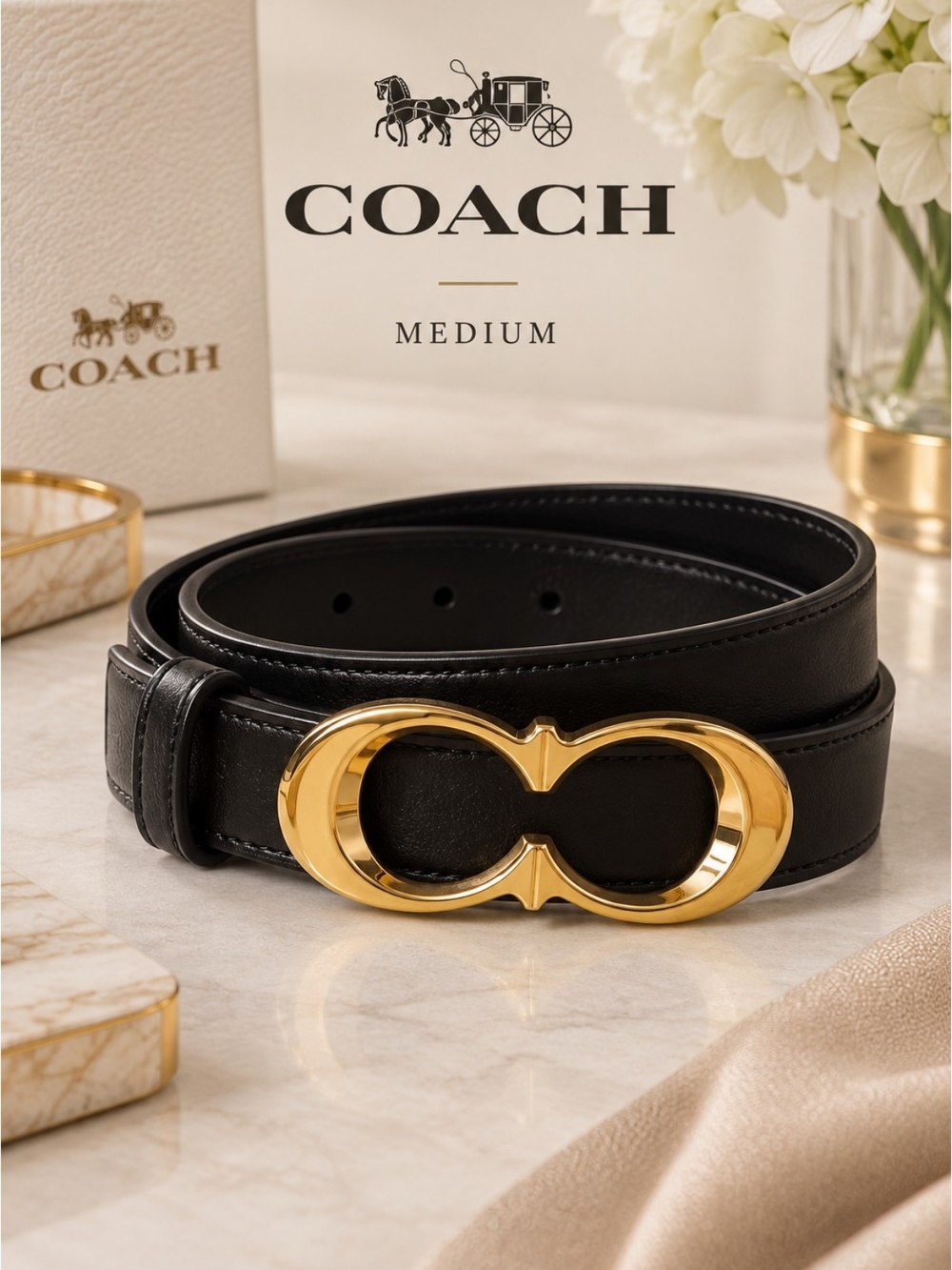 Coach C1725 Signature Buckle Belt Black Leather Gold Infinity Buckle, Med